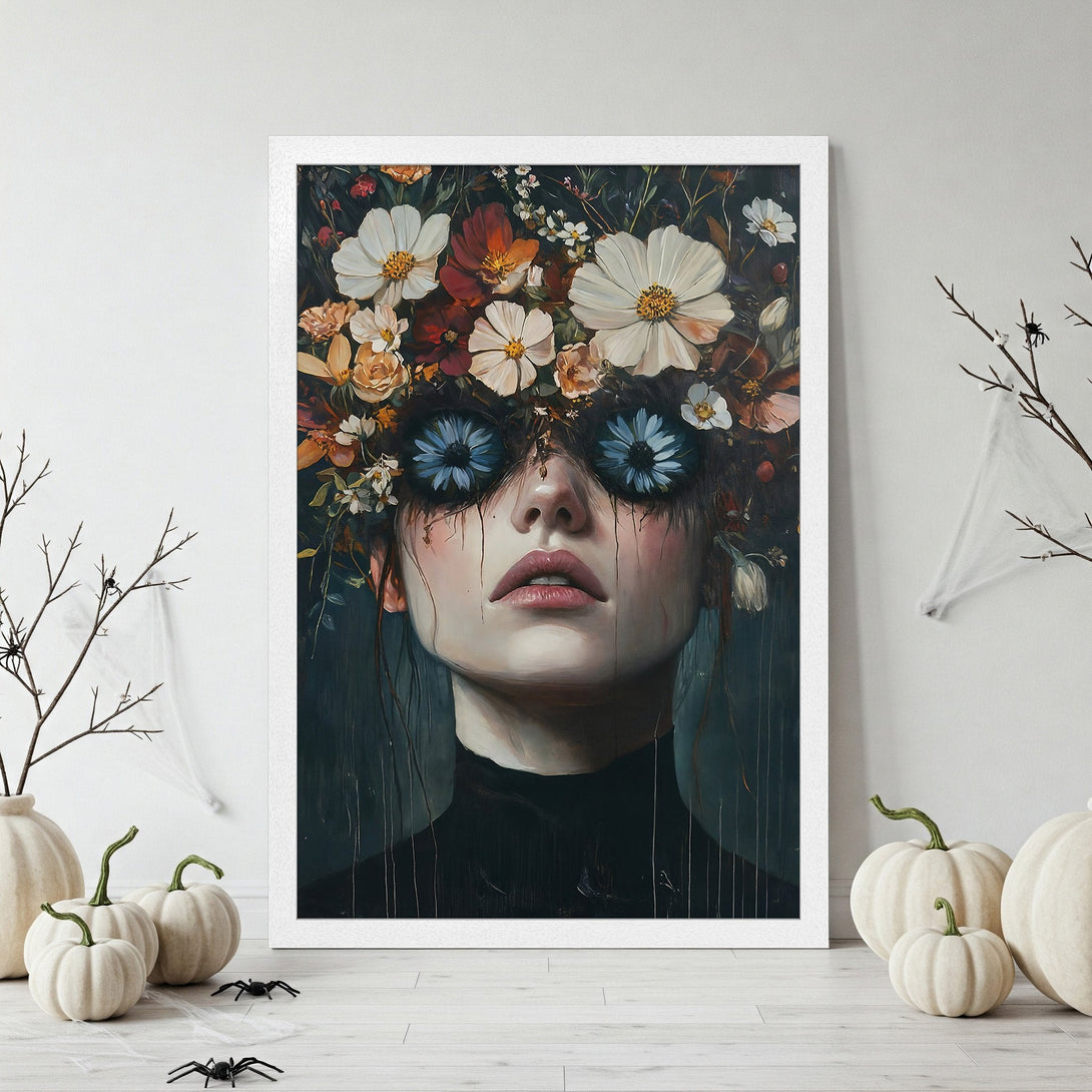 Framed Poster featuring a woman with floral eyes, dark & moody style. Earthy tones with pops of white, orange, and blue. Perfect for Halloween decor!