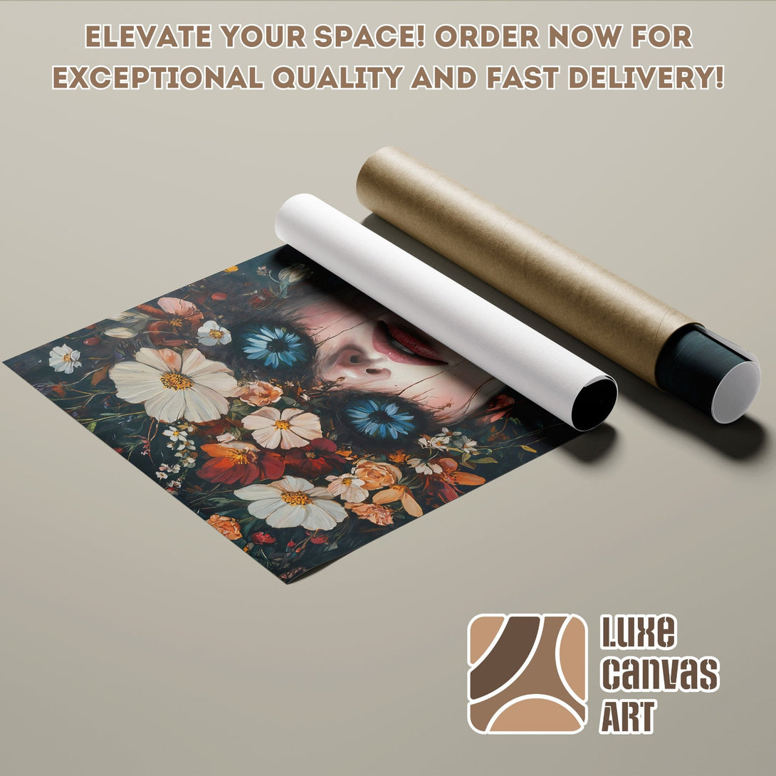 Floral face art Poster Roll, dark moody style with warm & cool tones. Elevate your space today!