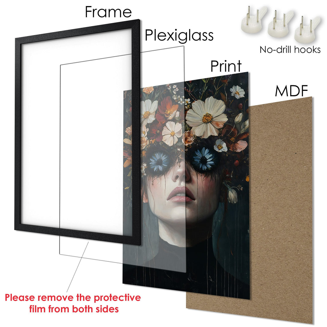 Framed Poster featuring a woman with floral crown, dark & moody style, rich color palette. Perfect wall art!