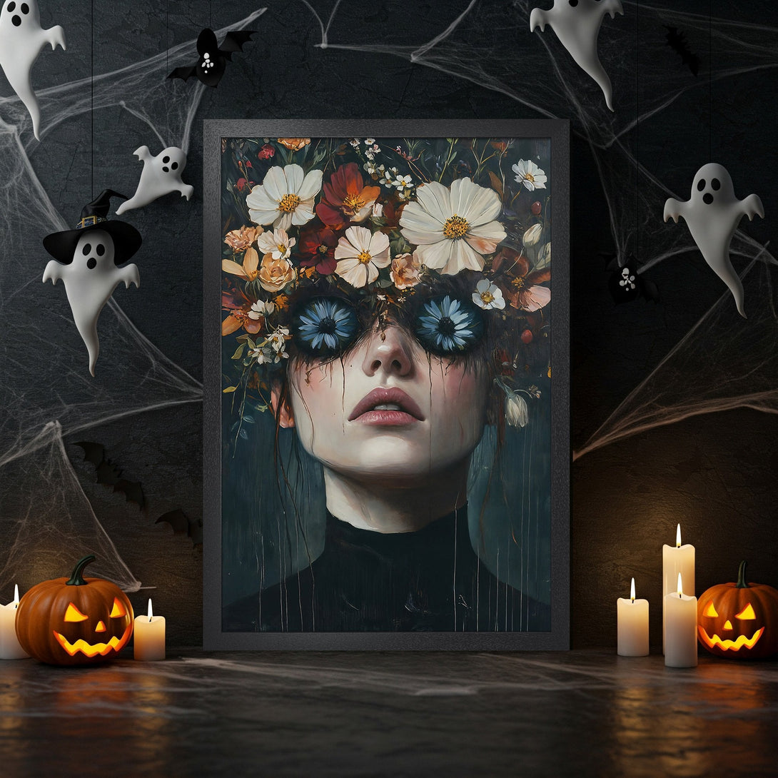 Framed Poster featuring a surreal portrait with floral crown, dark teal and orange color palette, perfect for Halloween decor.