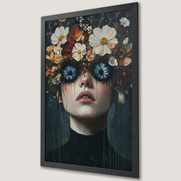 Framed Poster: Woman with floral crown, dark and moody art style, rich color palette of deep greens, reds, and whites. Perfect wall decor.