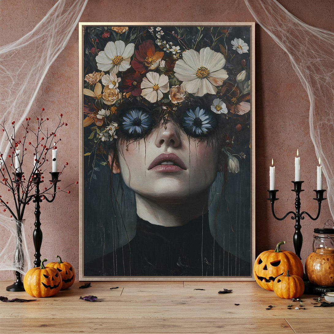 Framed Wall Art: Dark, gothic portrait of a woman with floral crown. Moody, dramatic art with a dark, earthy color palette. Perfect for Halloween decor.