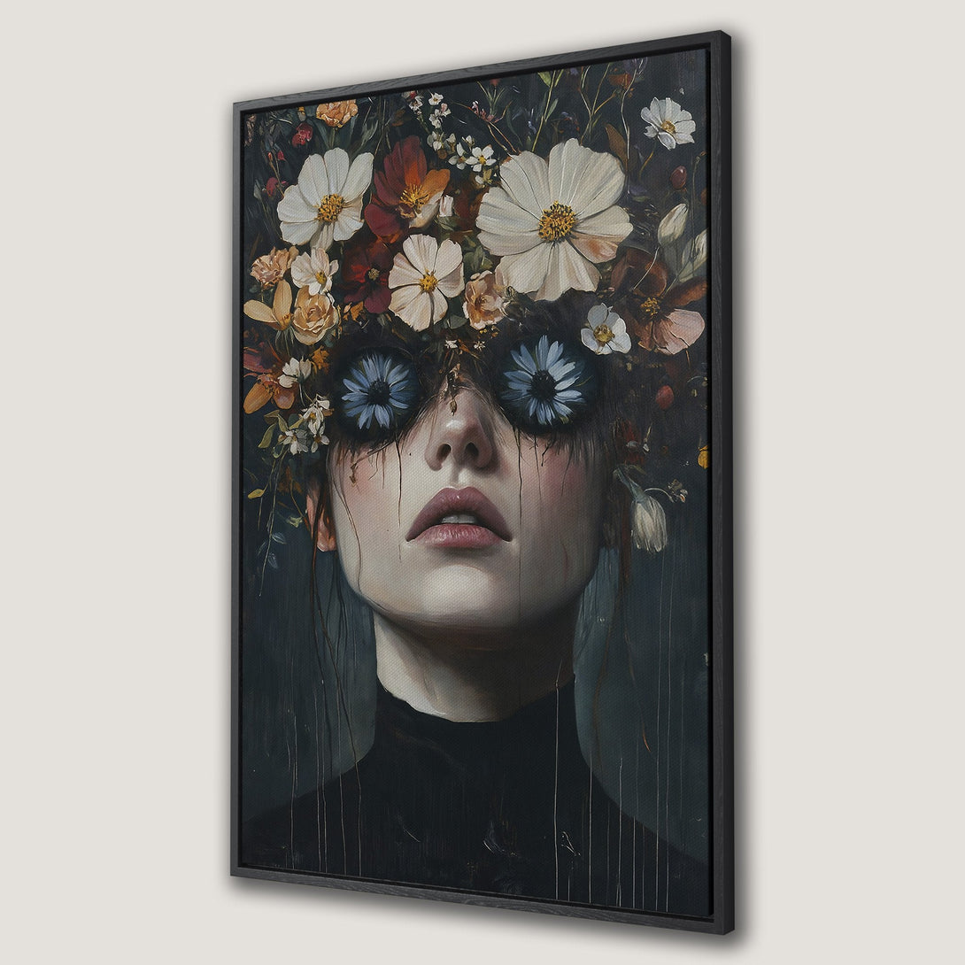 Framed Wall Art: Surreal portrait of a woman with floral eyes, dark moody colors. Perfect for adding a touch of art to your home decor.