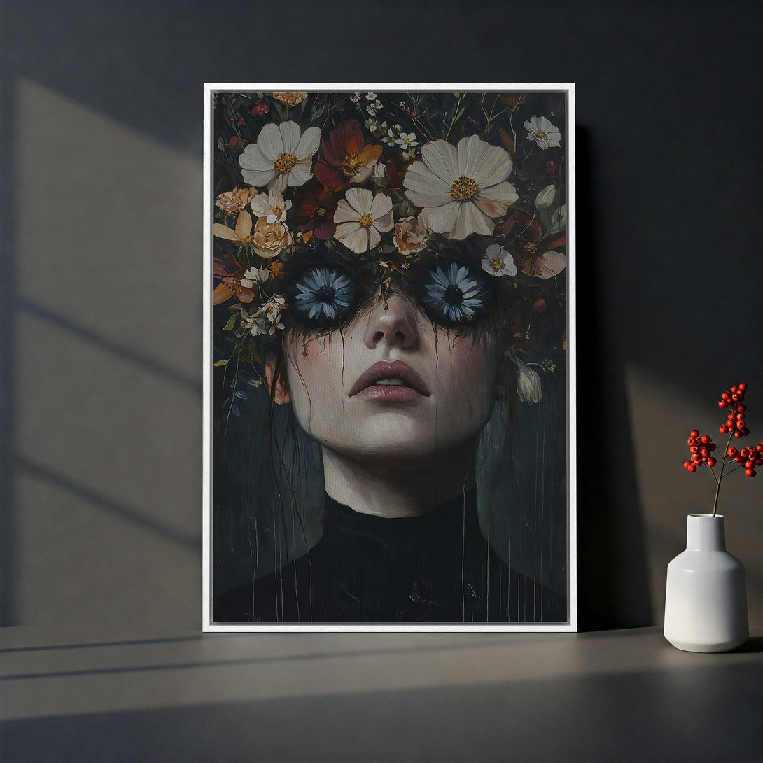 Framed Wall Art featuring a woman with a floral headpiece, dark, moody, and dramatic. Earthy tones with pops of white and red. Perfect for home decor.