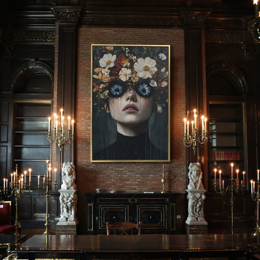 Canvas Print: Gothic portrait of a woman with floral eyes, dark & moody color palette, perfect for Halloween decor.