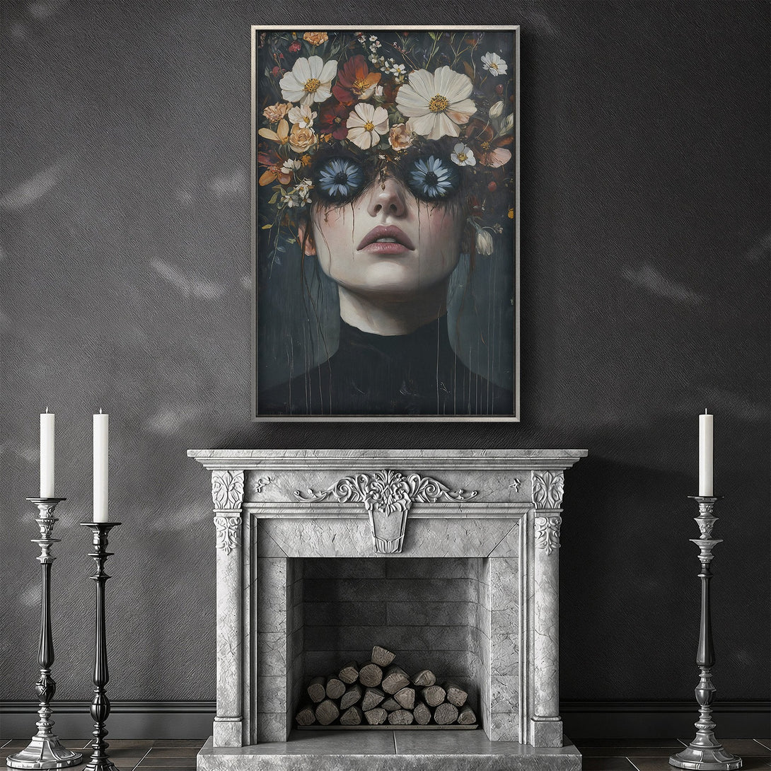 Framed Wall Art: Portrait of a woman with a floral crown, dark and moody style. Featuring a grayscale and muted color palette, perfect for any interior.