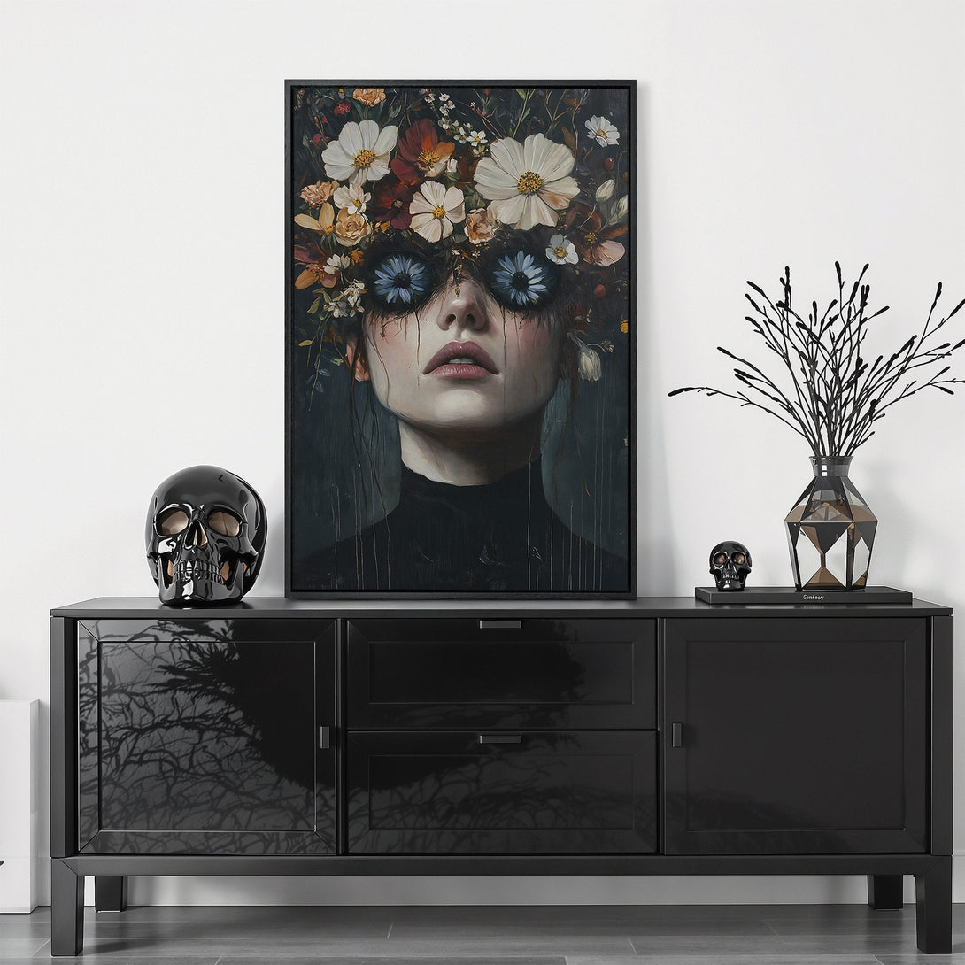 Framed Wall Art featuring a woman with a floral crown, dark and moody color palette. Perfect for adding a touch of gothic elegance to your home decor.