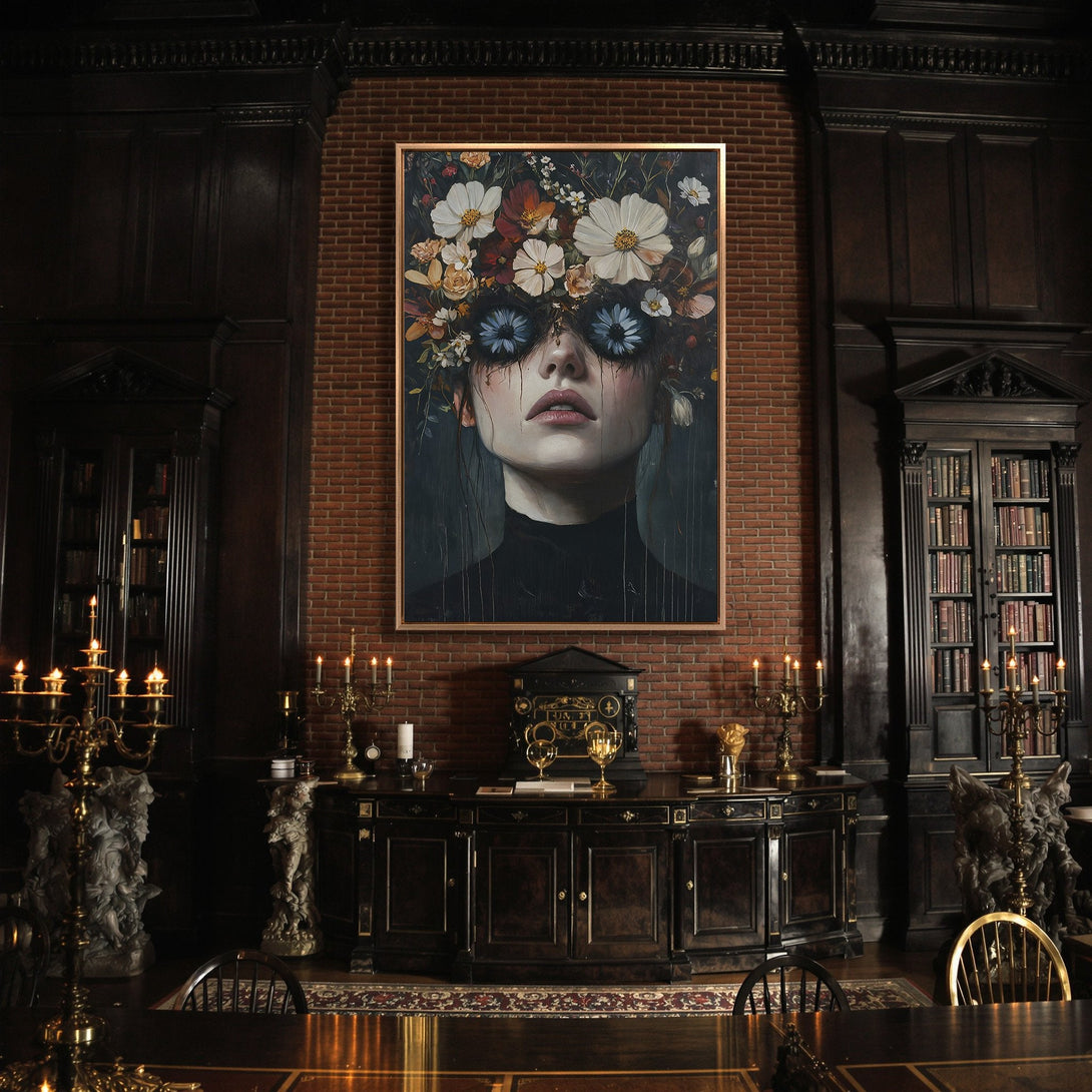 Framed Wall Art: Portrait of a woman with floral eyes, dark and moody color palette. Perfect for adding a touch of gothic elegance to any space.