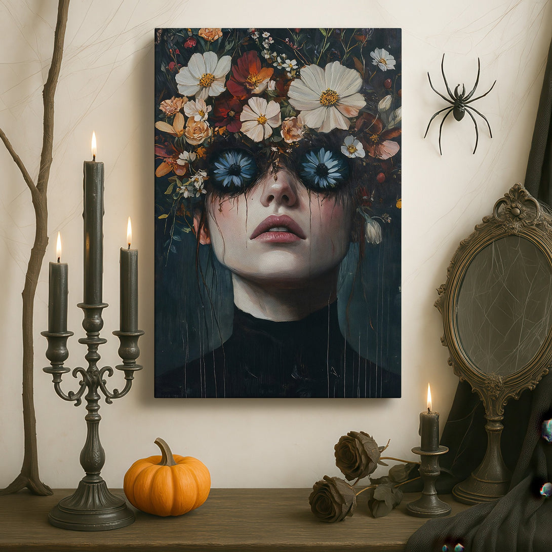 Framed Wall Art: Stunning portrait of a woman with floral eyes, rich dark tones, and a touch of surrealism. Perfect for adding a touch of elegance.