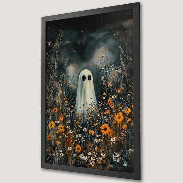 Framed Poster featuring a whimsical ghost in a field of flowers, with a dark, moody color palette. Perfect Halloween decor!