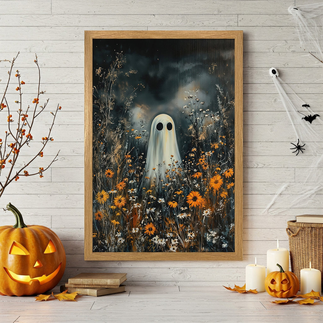 Framed Poster featuring a ghost in a field of flowers. Dark, moody style with orange and yellow accents. Perfect Halloween decor.