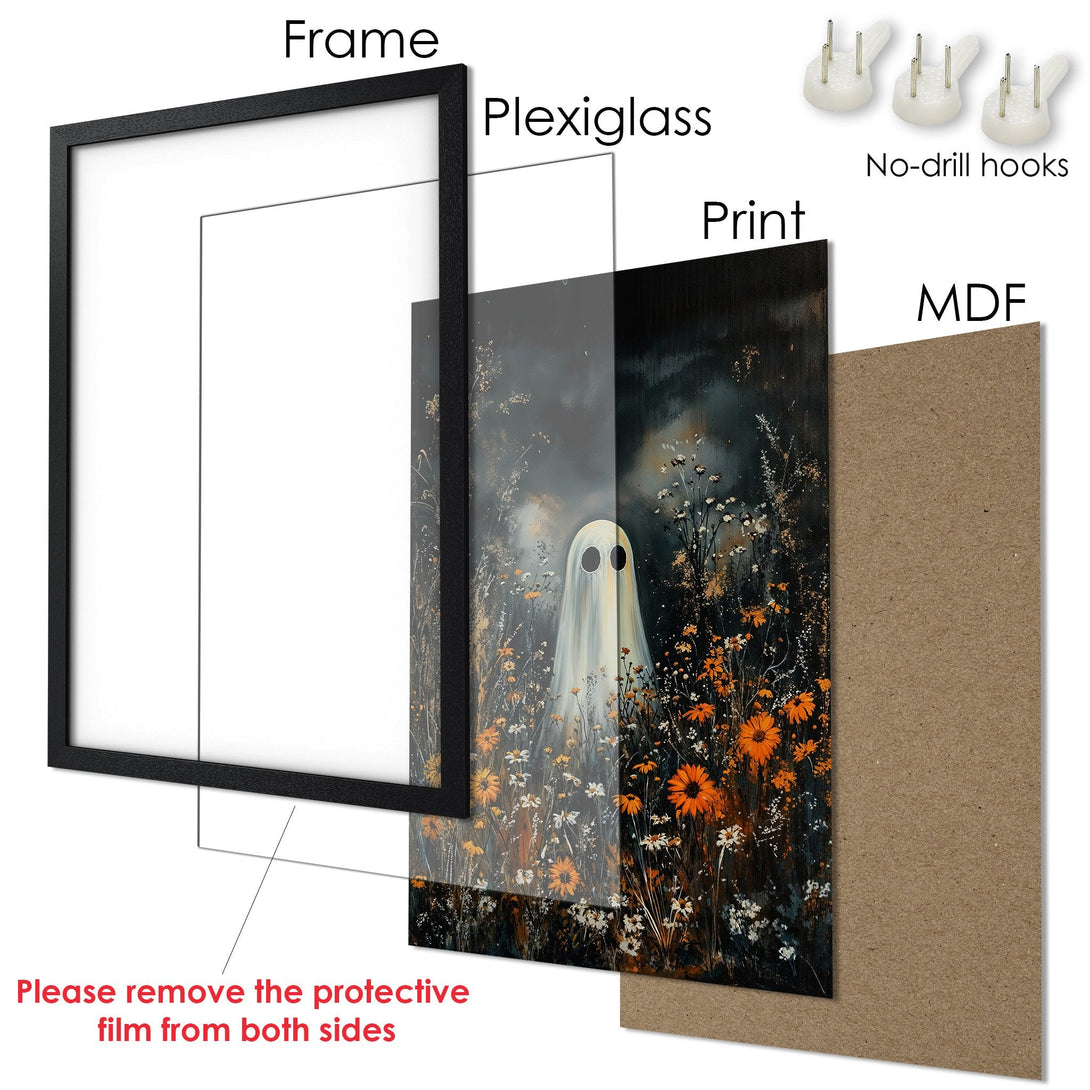 Framed Poster of a ghost in a field of orange flowers. Dark, moody style with a black frame. Perfect Halloween decor!