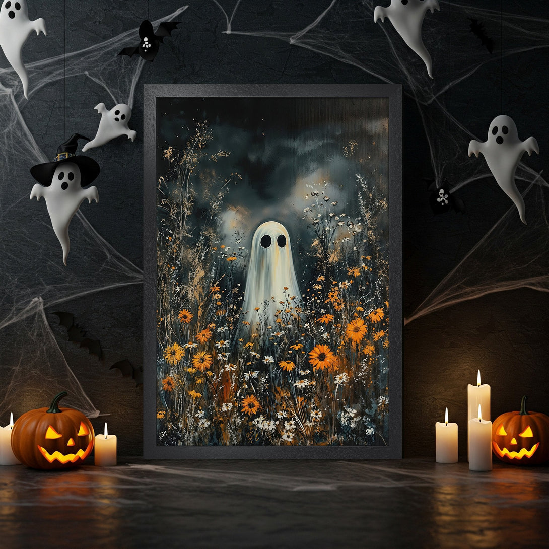 Framed Poster featuring a ghost in a floral field, dark moody style, with orange and black color palette. Perfect Halloween decor.