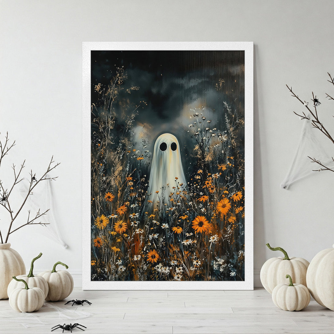Framed Poster featuring a whimsical ghost in a field of flowers. Artistic style with a dark, moody background and orange/white accents. Perfect Halloween decor.