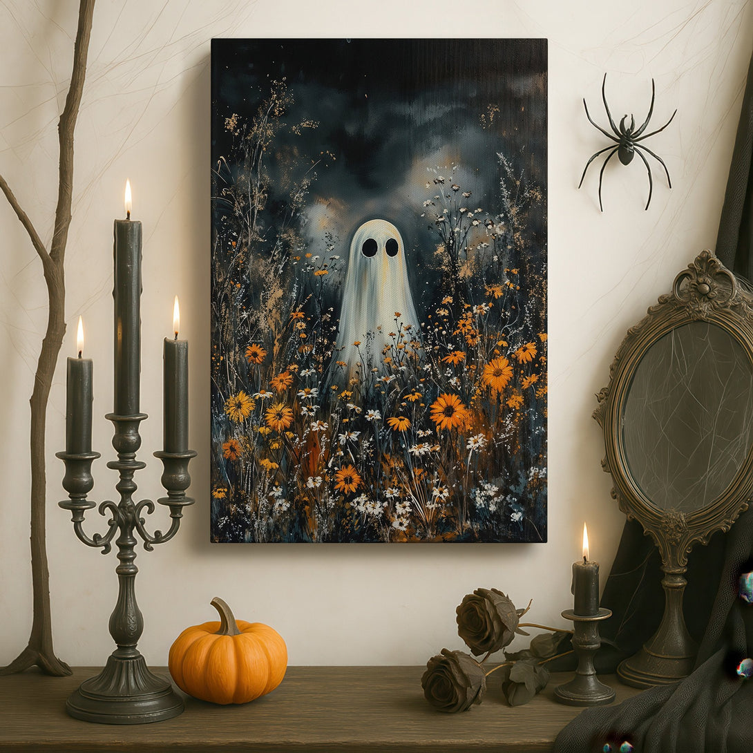 Framed Wall Art: Whimsical ghost canvas print in a dark, moody interior. Features a white ghost in a field of flowers with a black, gold, and brick color palette.
