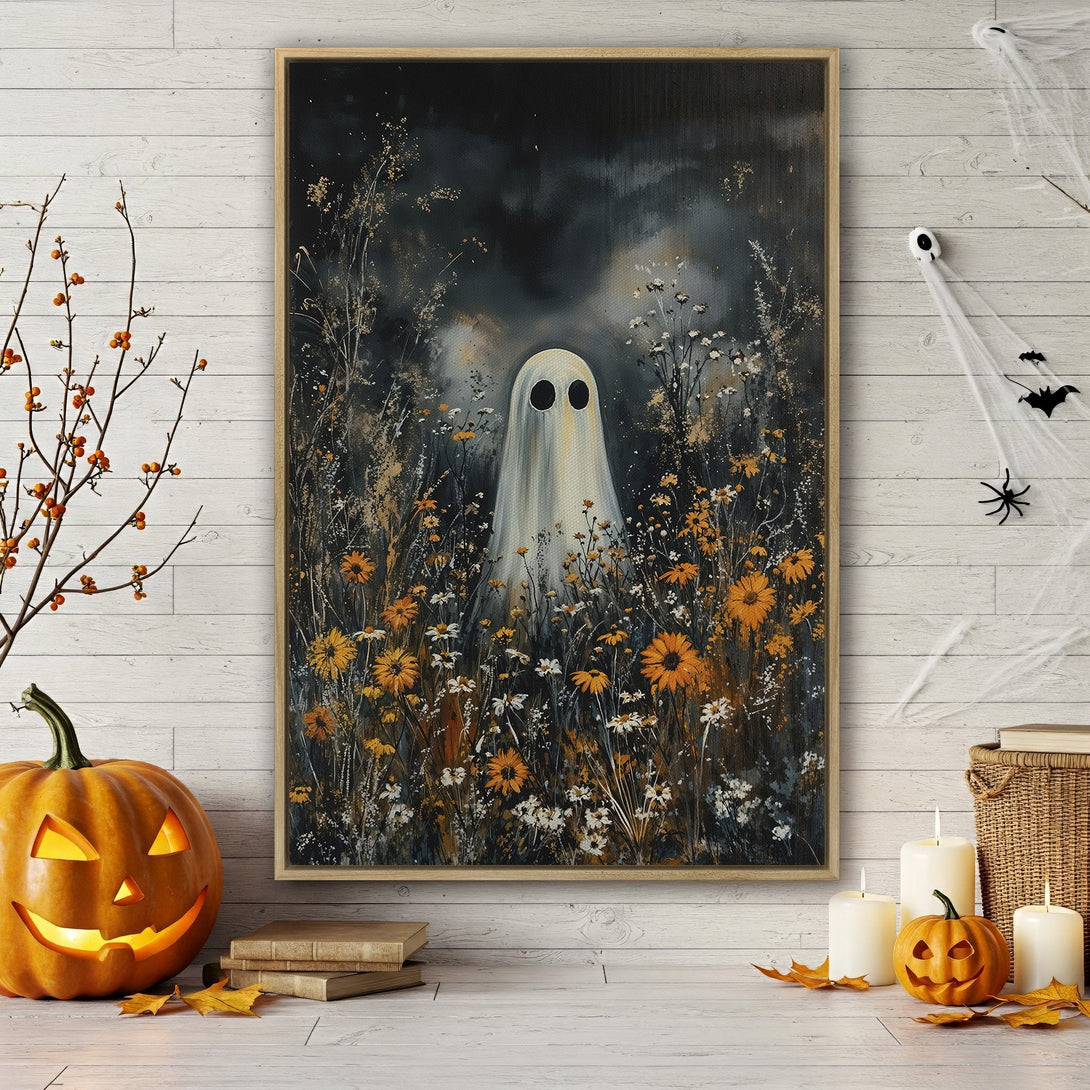 Framed Wall Art: Spooky ghost in a field of flowers. Rustic, moody style with a dark, warm color palette. Perfect for Halloween decor.