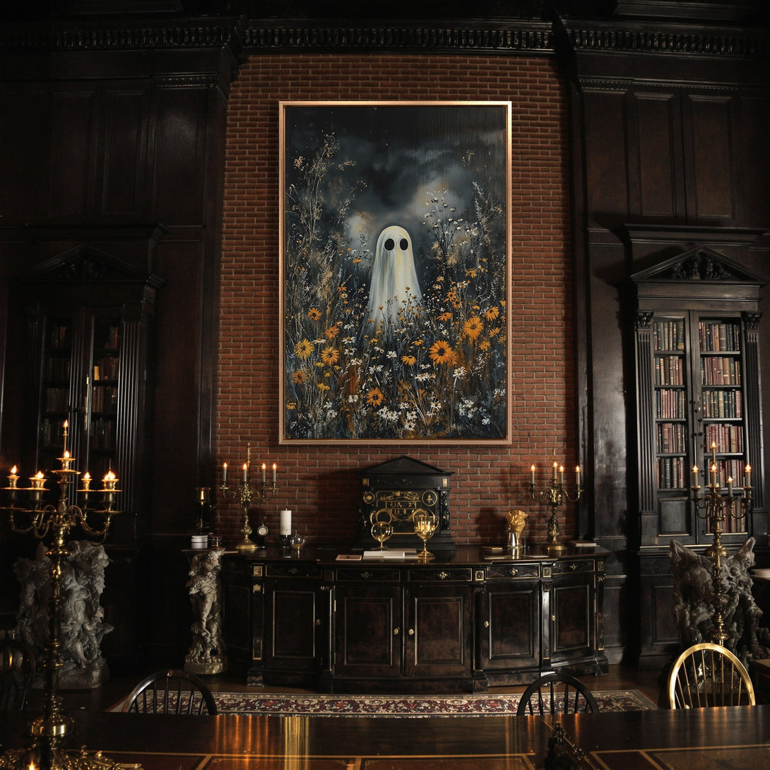Framed Wall Art: Spooky ghost painting in a dark, gothic interior. Features a whimsical ghost in a field of flowers, with a moody, dark color palette.