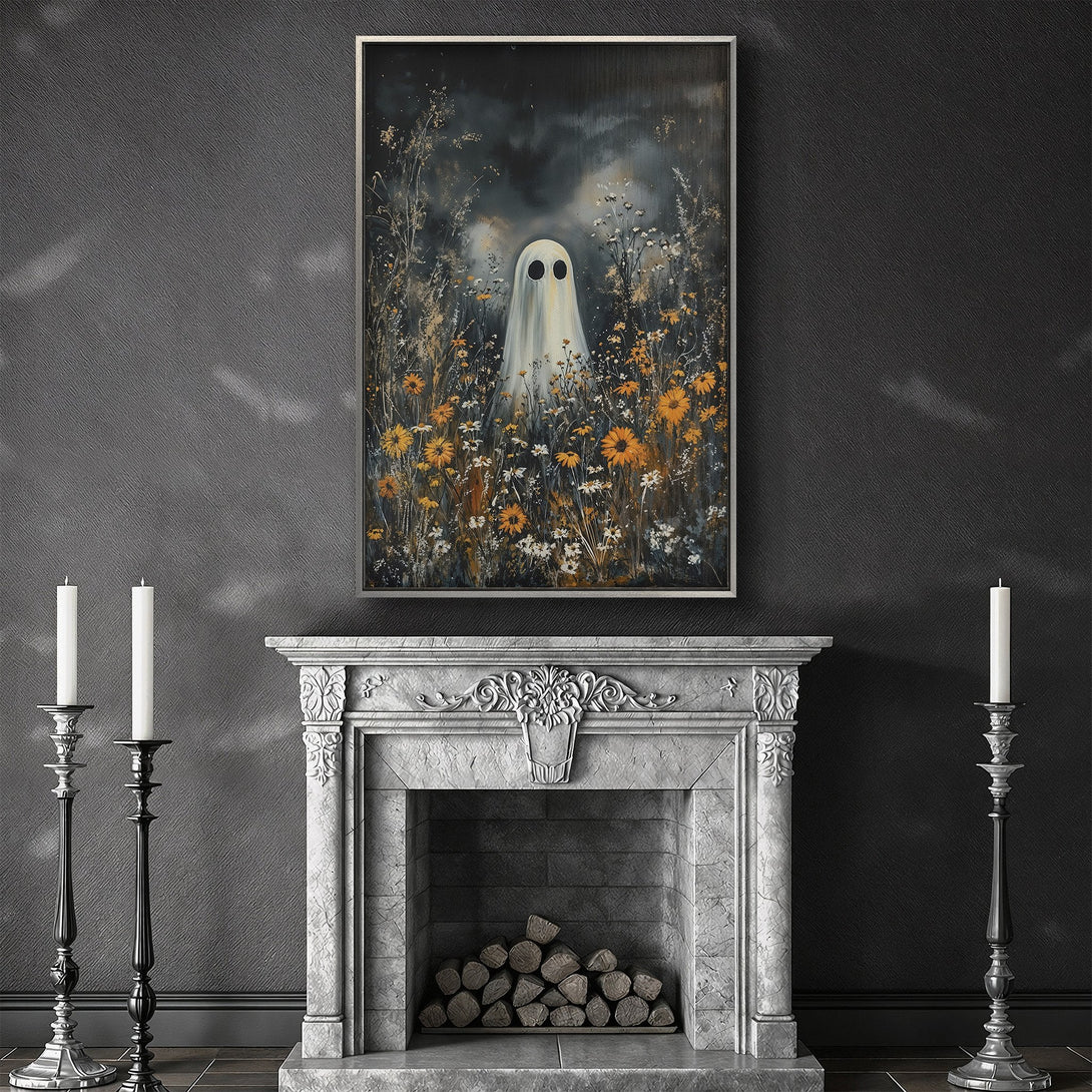 Framed Wall Art: Spooky ghost in a field of flowers, dark & moody color palette. Perfect Halloween decor for a stylish home!