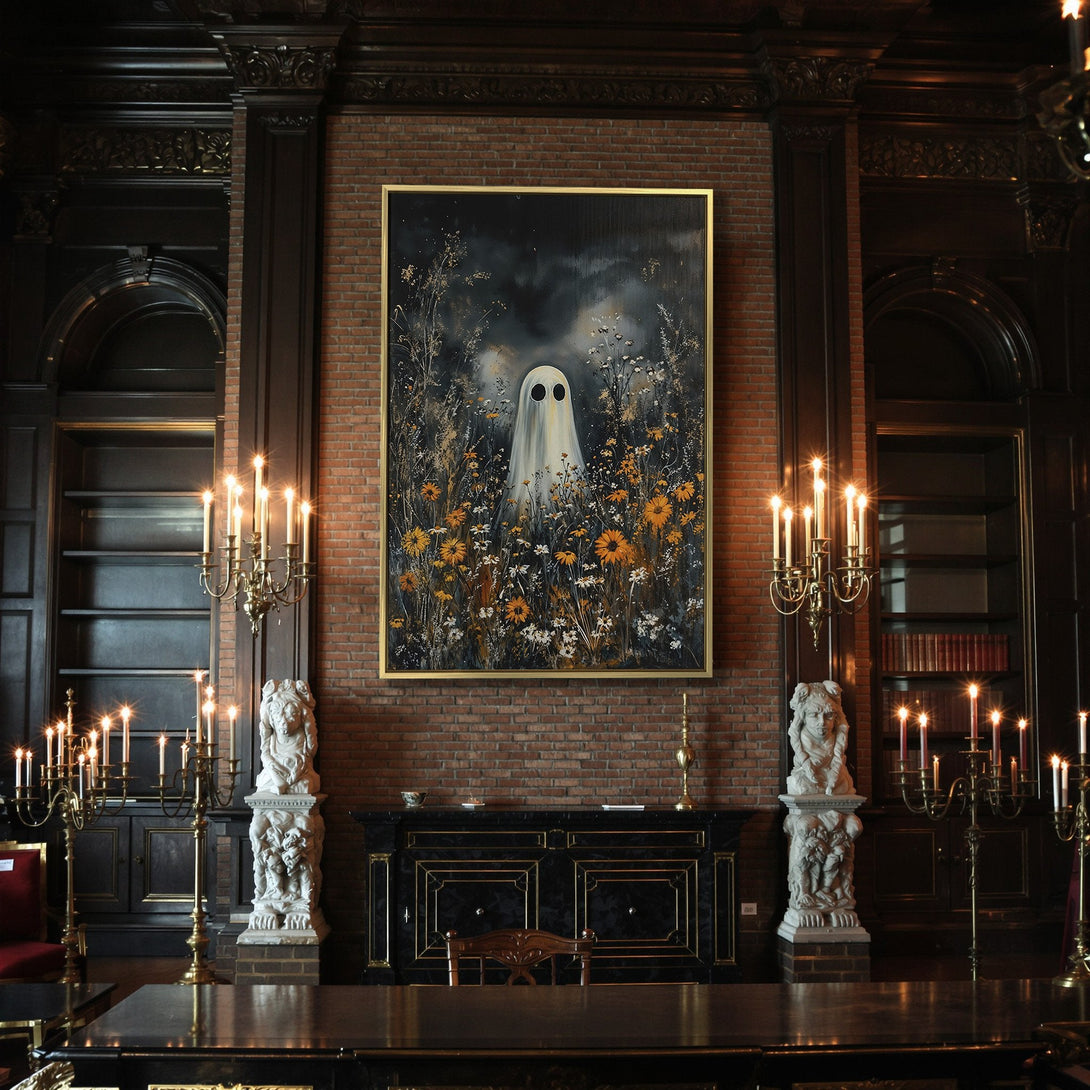 Canvas Print featuring a spooky ghost in a field of flowers. Dark, moody art with orange, white, and black colors. Perfect Halloween decor!