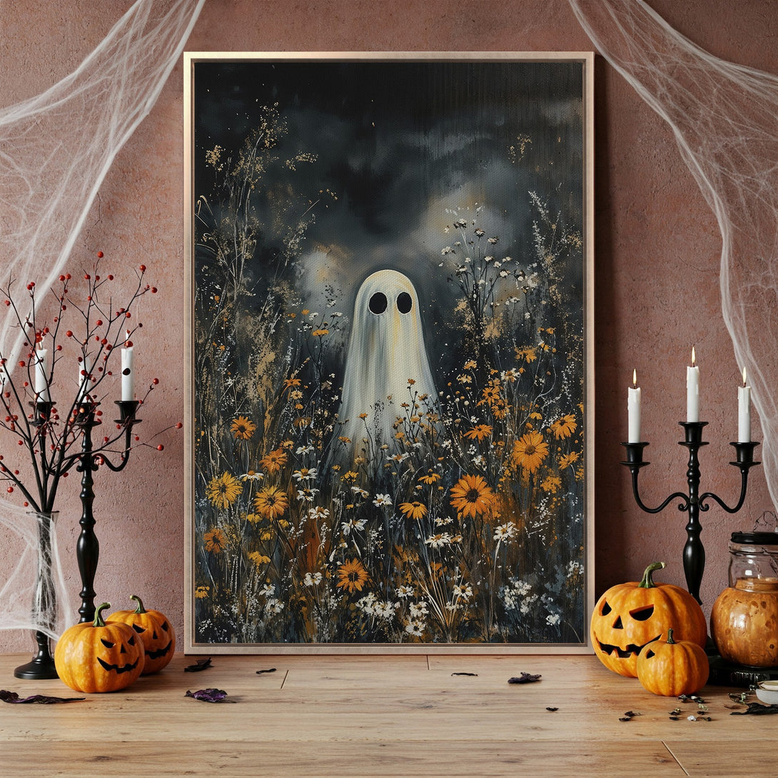 Framed Wall Art: Spooky ghost in a field with a dark, moody color palette. Perfect Halloween decor! Get yours today!