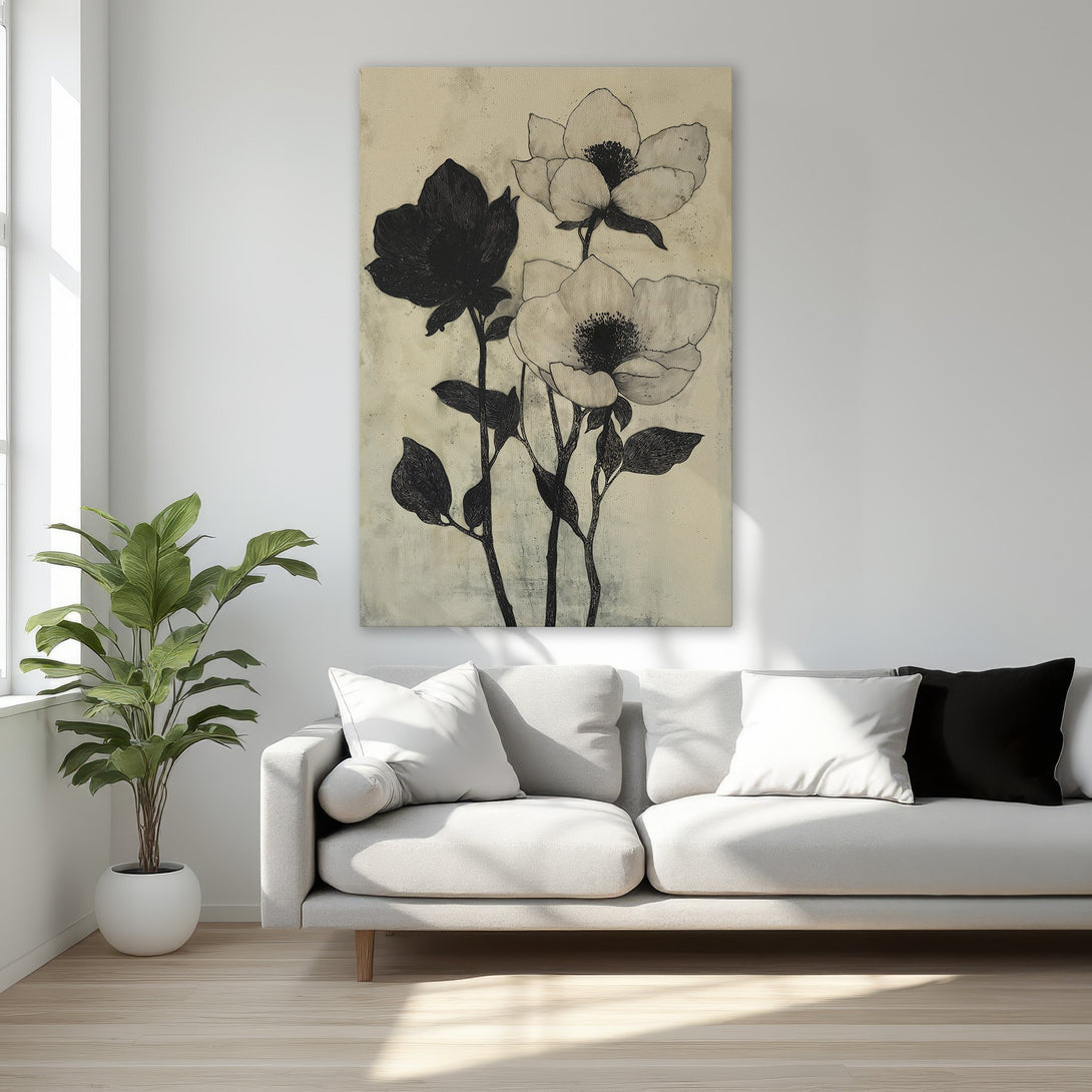 Framed Wall Art featuring elegant black and white floral design. Adds a touch of sophistication to any bedroom. Neutral color palette complements classic interior decor.