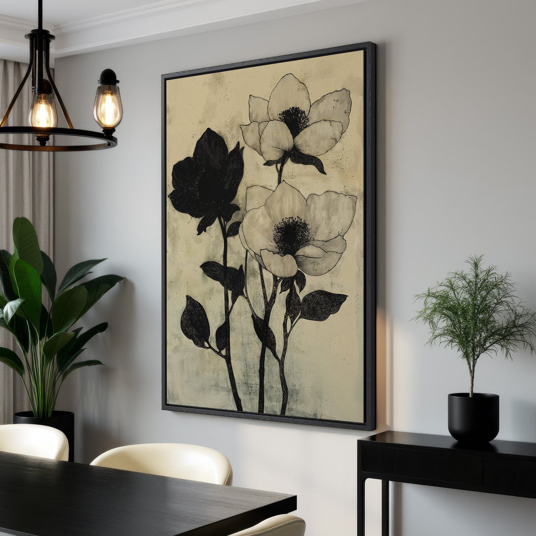 Framed Wall Art featuring elegant black and white floral design. Modern canvas print with neutral beige and gray tones, perfect for any interior decor.