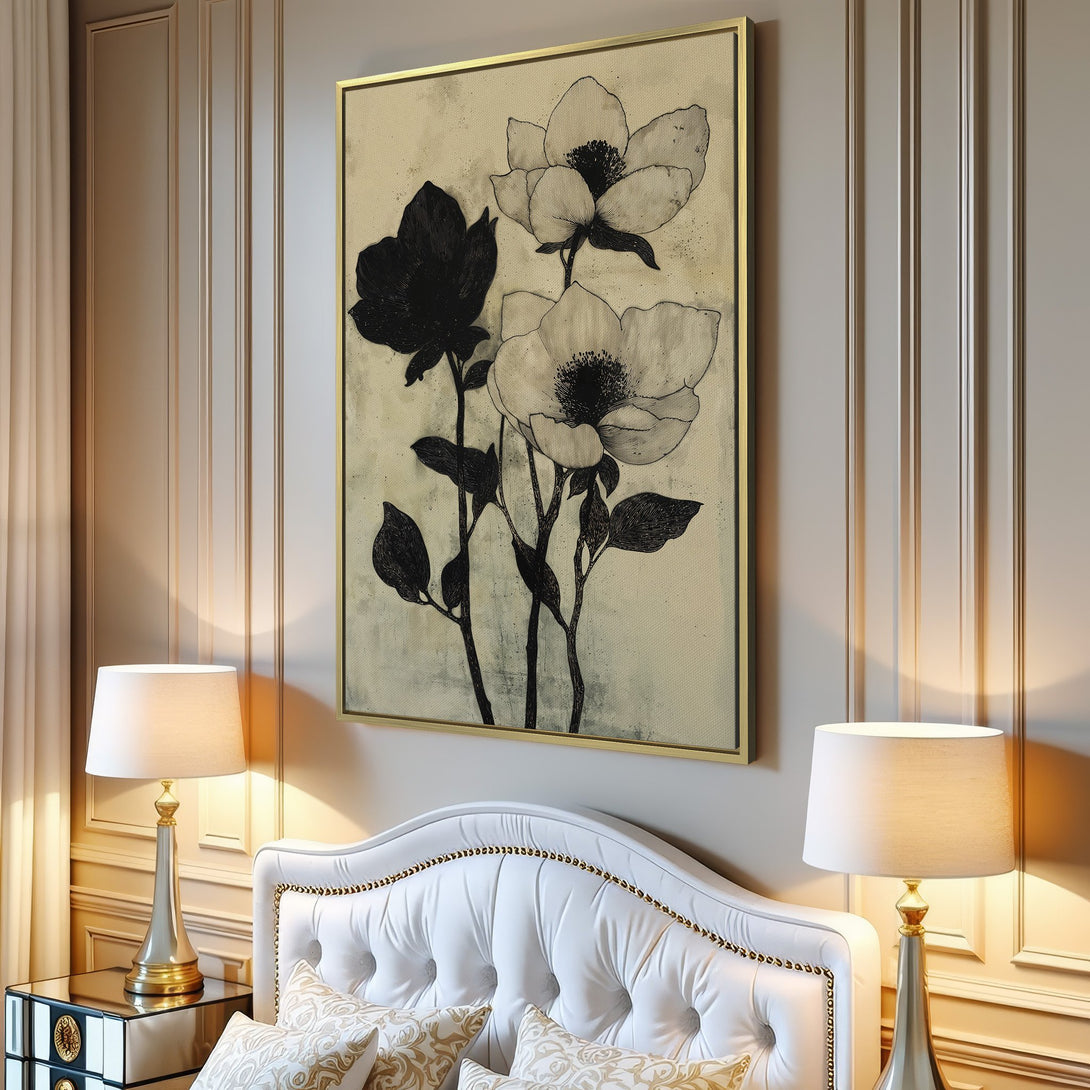 Canvas Print of floral art in black and white, displayed in a modern living room. Neutral color palette, perfect for minimalist decor.