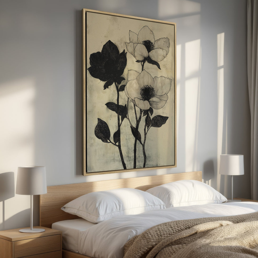 Framed Wall Art: Elegant black & white floral print. Modern botanical art with neutral color palette, perfect for bedroom decor. Shop now!
