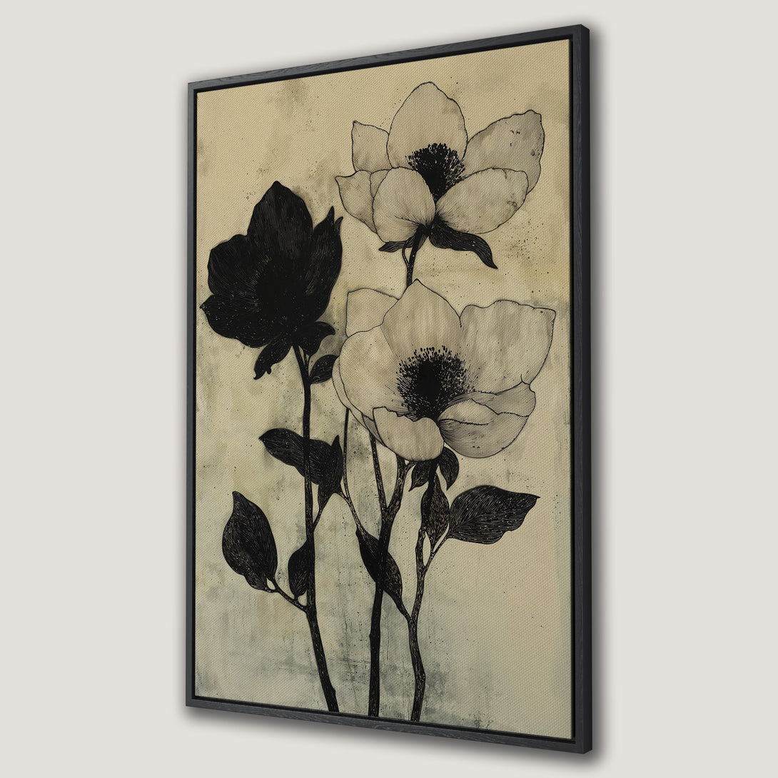 Framed Wall Art featuring elegant black and white floral illustration. Modern botanical Canvas Print with neutral color palette, perfect for any interior.