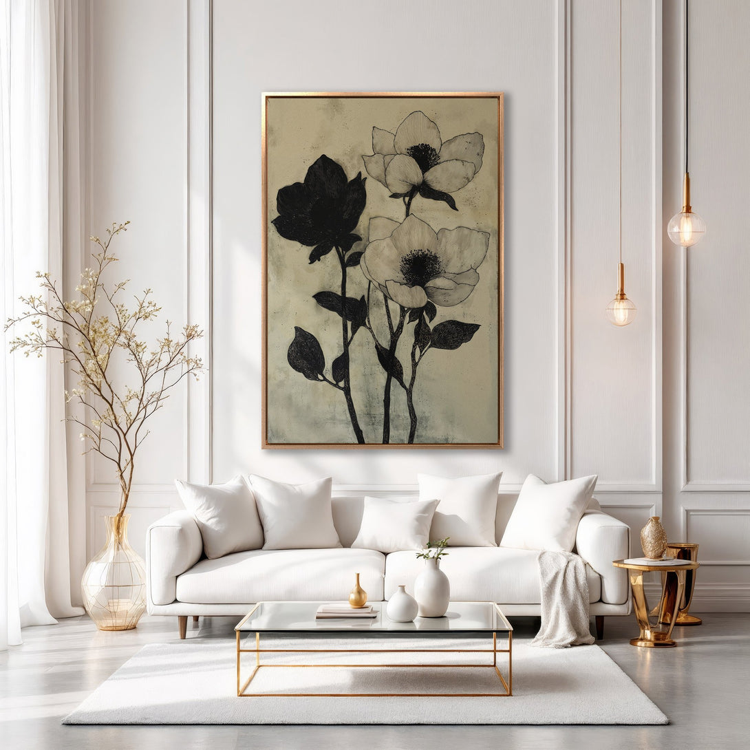 Framed Wall Art featuring elegant black and white floral art. Perfect for adding a touch of sophistication to any modern living room. Neutral color palette.