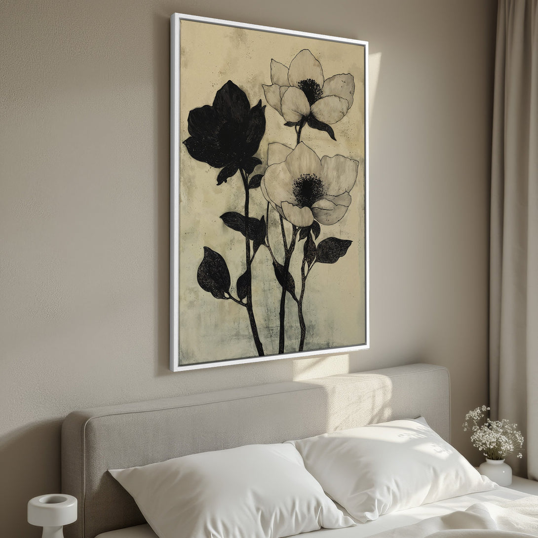 Framed Wall Art: Elegant floral print in black and cream tones. Botanical art canvas print adds a touch of modern style to any bedroom or living room.
