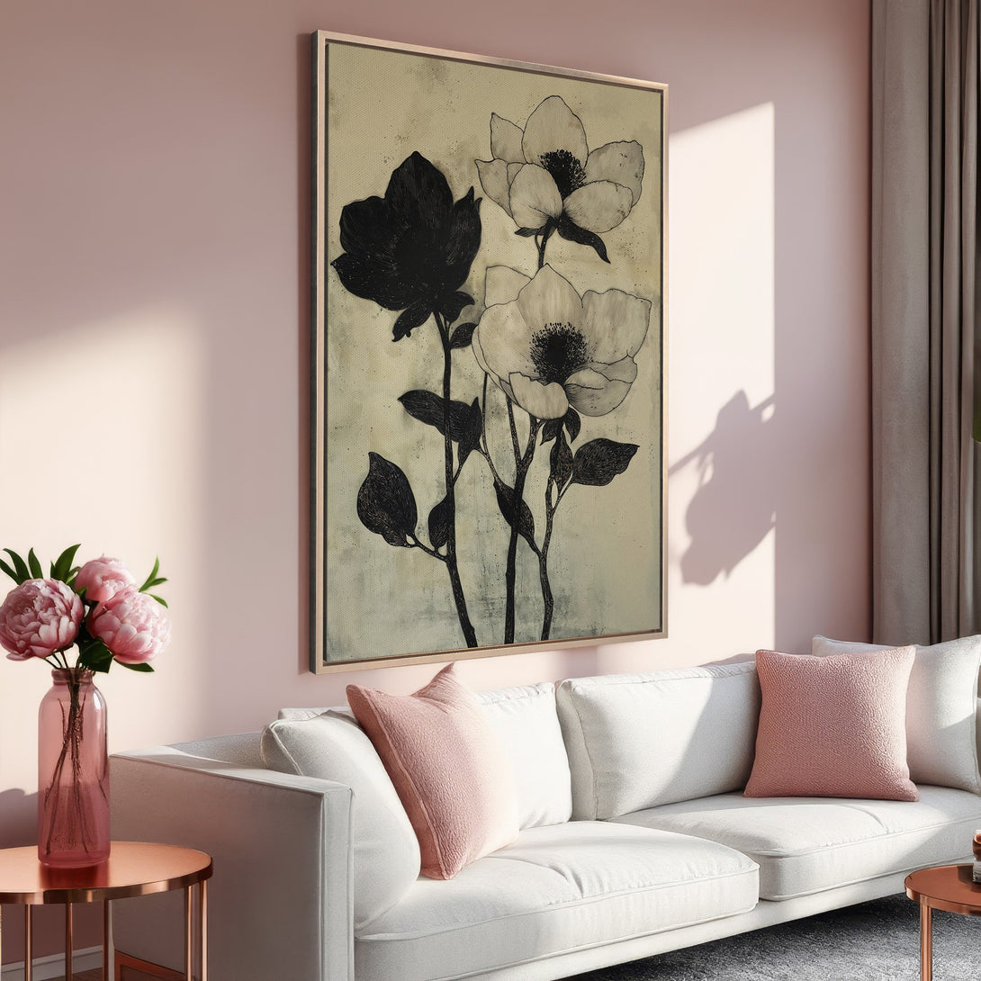 Framed Wall Art featuring elegant black and white floral design. Modern art with a neutral palette, perfect for living room decor.