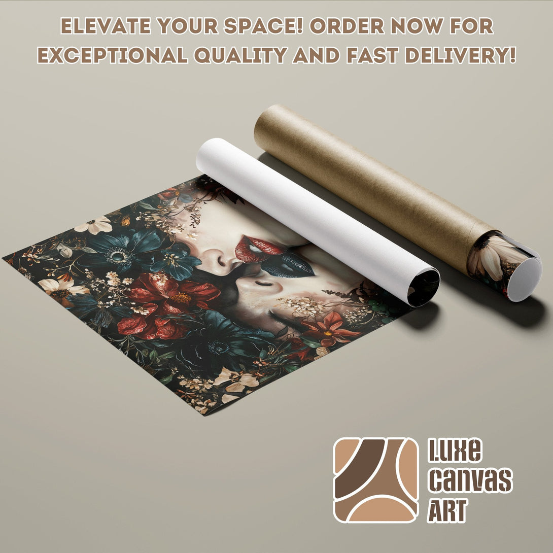 Poster Roll featuring a romantic floral portrait, dark and moody color palette. Elevate your space with Luxe Canvas Art!