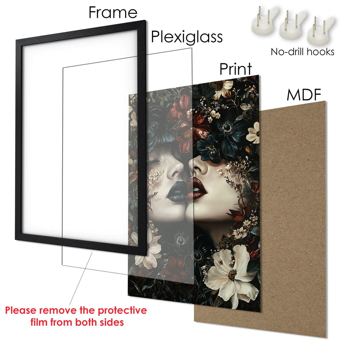 Framed Poster featuring a woman with floral accents, dark and moody style, rich red and black color palette. Perfect wall art.