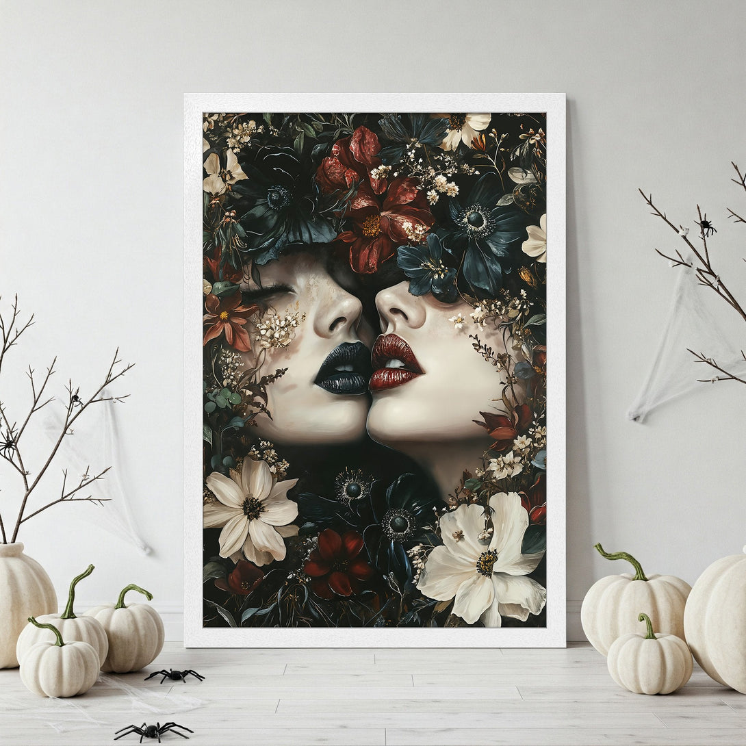 Framed Poster featuring two faces with floral hair, dark and moody style, red and black color palette. Perfect wall art.