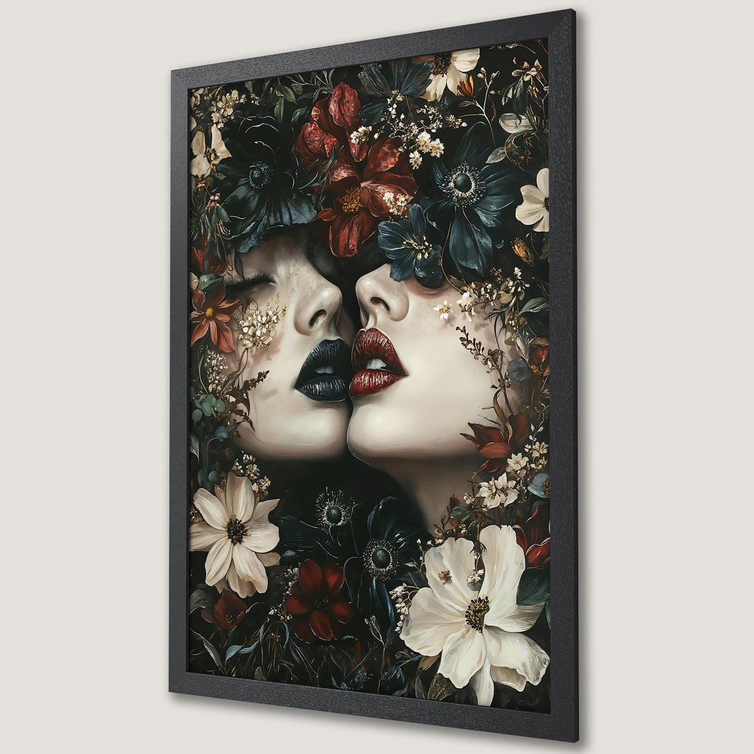 Framed Poster featuring two faces with floral crowns, dark moody style, rich red and black color palette. Perfect wall art.