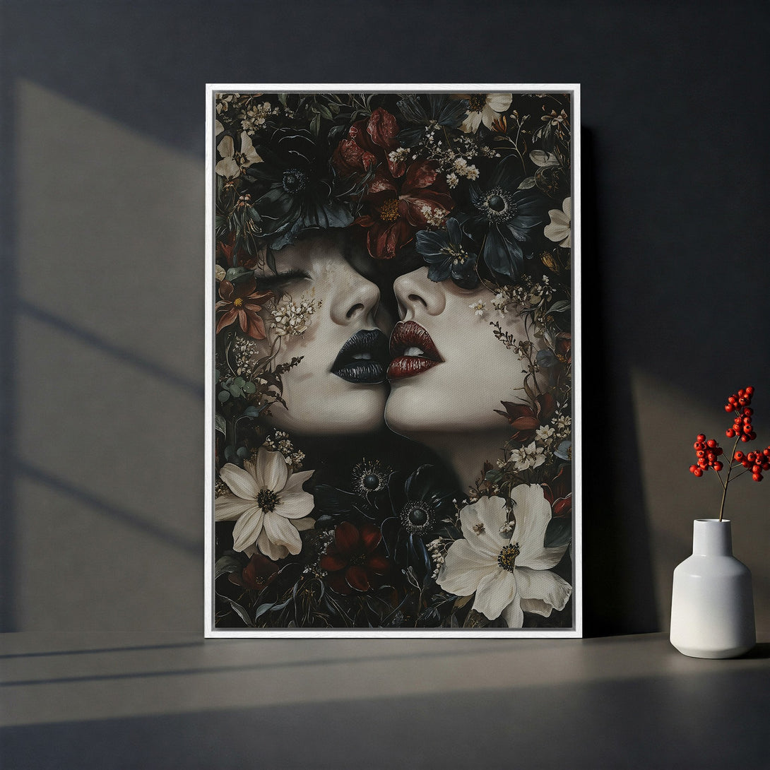 Framed Wall Art: Romantic floral portrait in dark red and white, Canvas Print. Perfect for adding a touch of elegance to your home decor.
