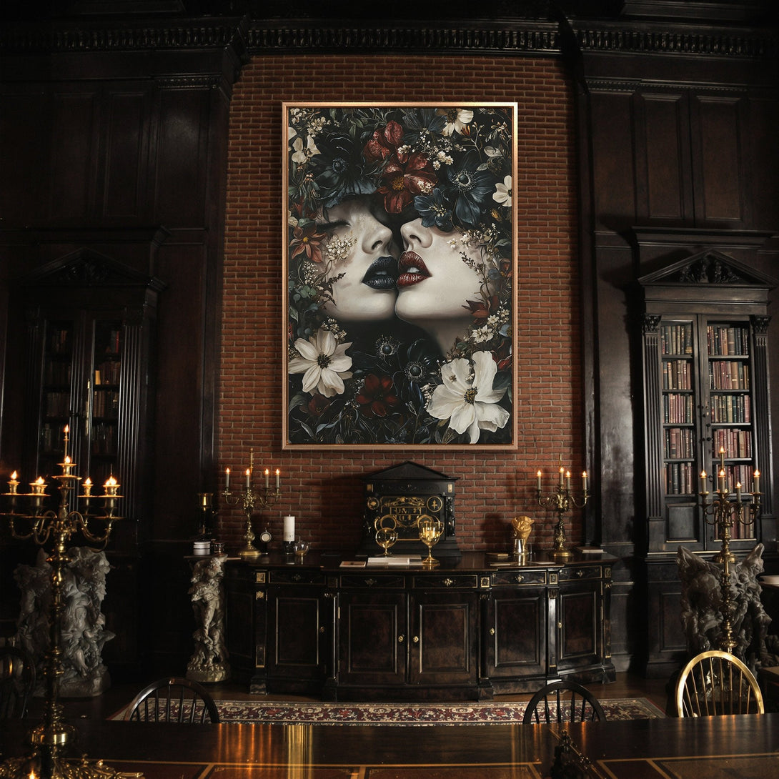 Framed Wall Art featuring a floral portrait with red and white flowers, displayed in a dark, moody interior with a brick wall backdrop.