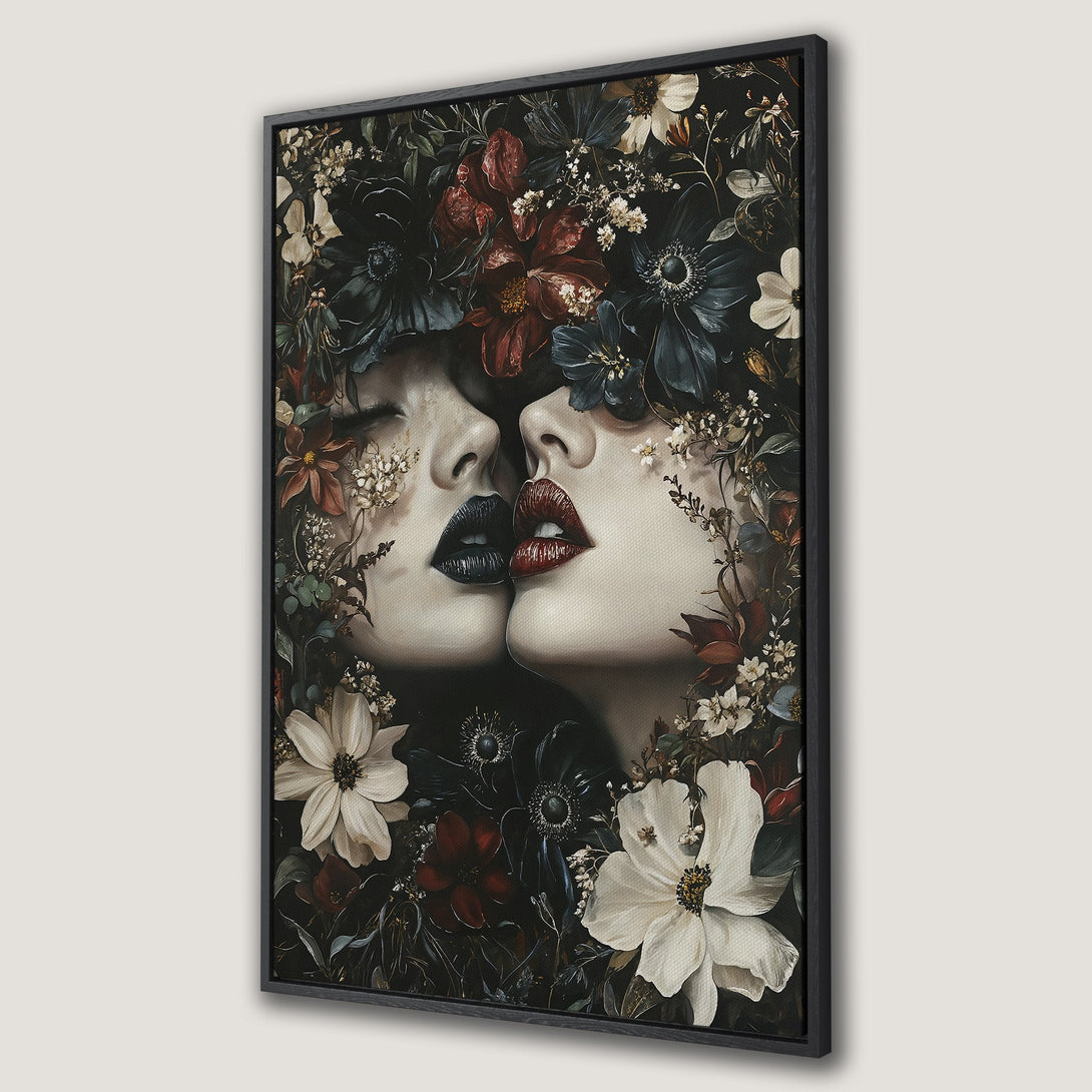 Framed Wall Art featuring a romantic, floral portrait of two women kissing. Dark, moody color palette with red and white roses. Perfect for any interior.