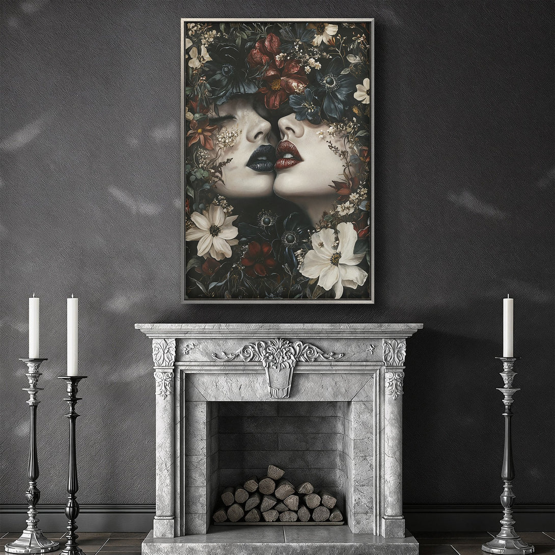 Framed Wall Art featuring a romantic portrait of two women with floral accents, in a dark, moody color palette. Perfect for adding elegance to any space.