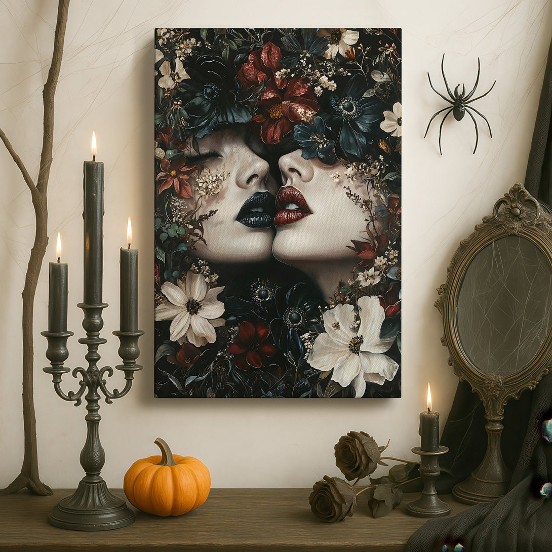 Framed Wall Art: Romantic portrait Canvas Print with floral accents, featuring a dark, moody color palette of red, black, and white, perfect for elegant decor.
