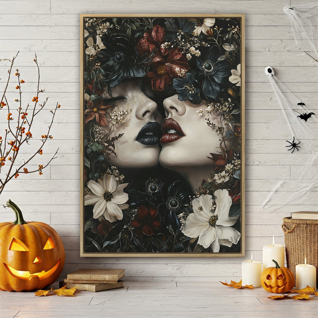 Framed Wall Art featuring two faces kissing, surrounded by roses. Dark, moody color palette with reds and blacks. Perfect Halloween decor.