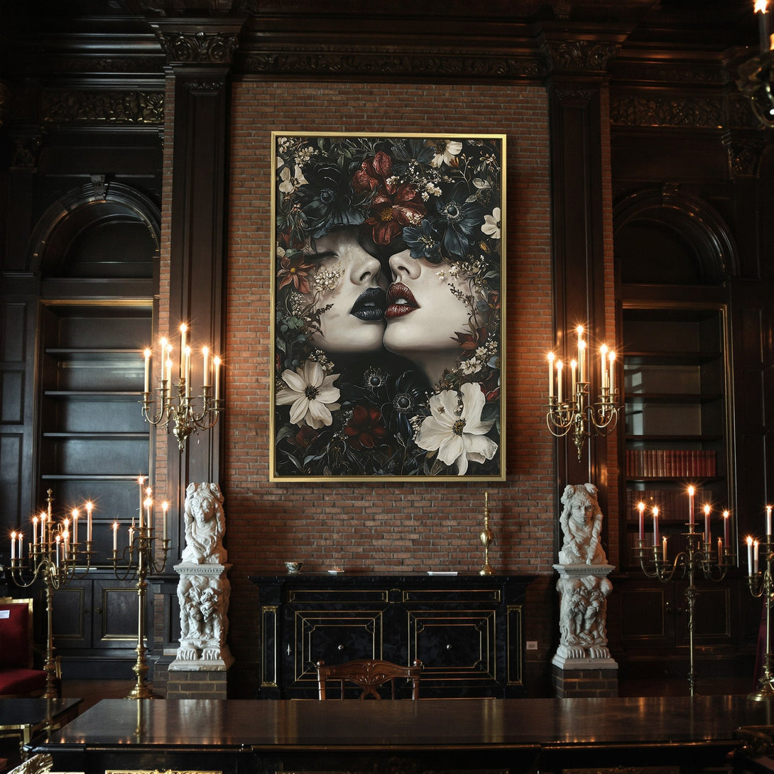Canvas Print: Romantic art featuring two faces kissing, surrounded by red and white roses. Dark, moody aesthetic with a gothic color palette.