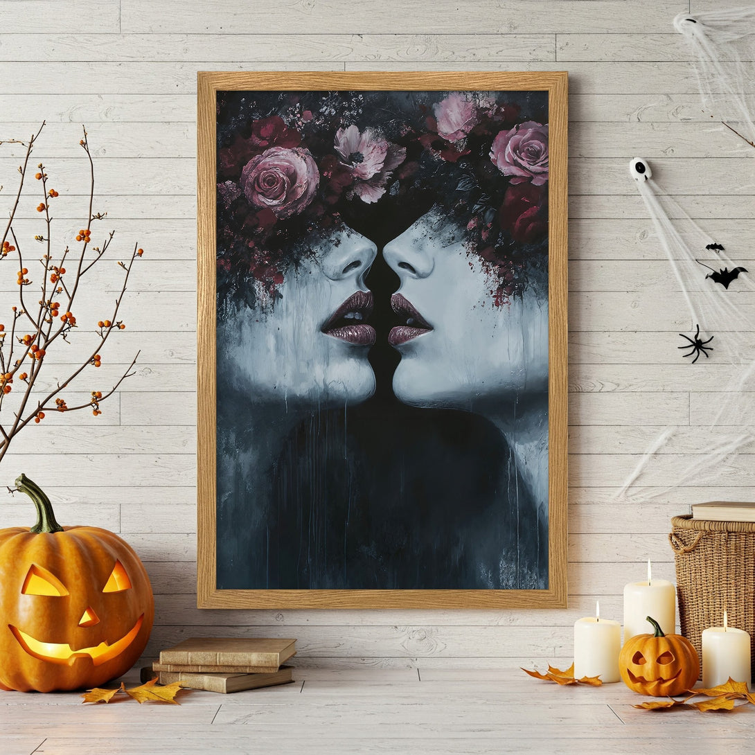 Framed Poster featuring abstract art of two faces with floral elements, in a moody, dark red and gray color palette. Perfect wall decor.