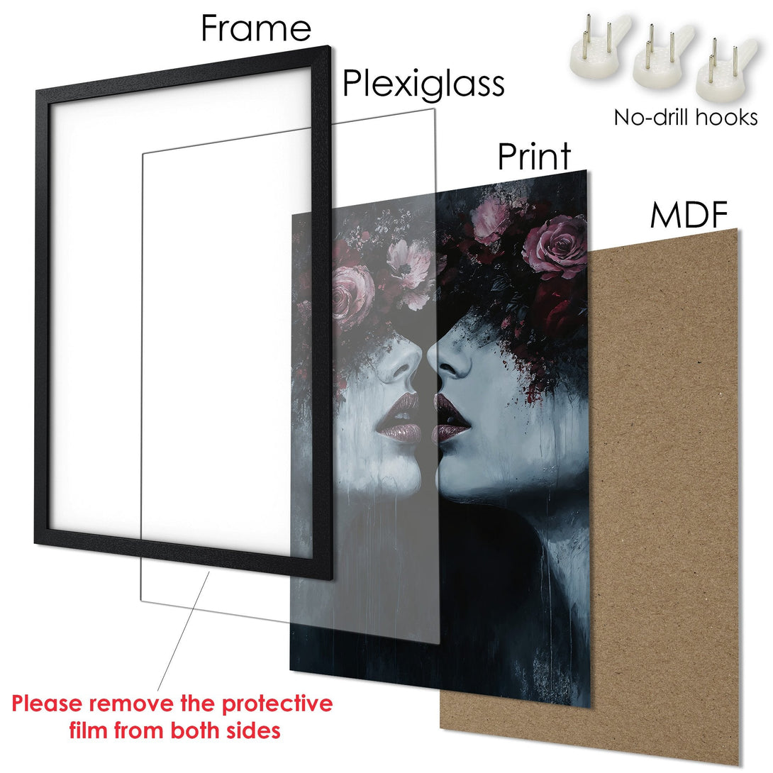 Framed Poster featuring a woman with floral headpiece, artistic style, and a dark, moody color palette. Perfect wall art!