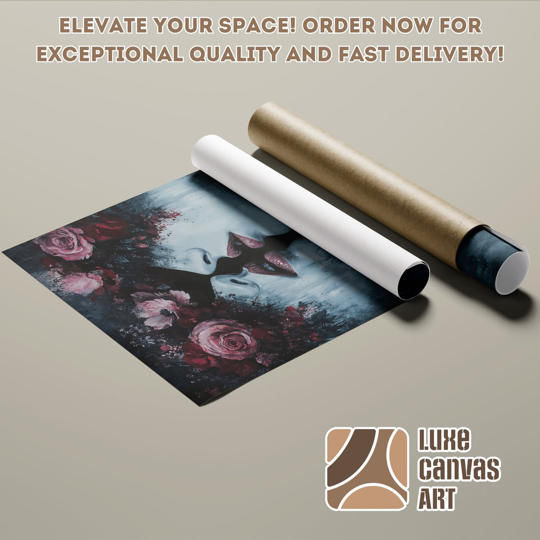 Poster Roll featuring abstract art of a woman with roses, in dark red and blue tones. Elevate your space!