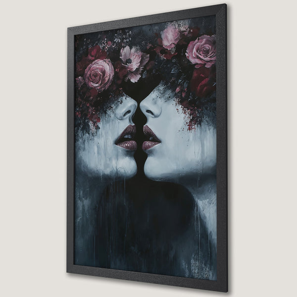 Framed Poster art featuring two faces with floral elements, in a dark, moody style with a red, black, and gray color palette.