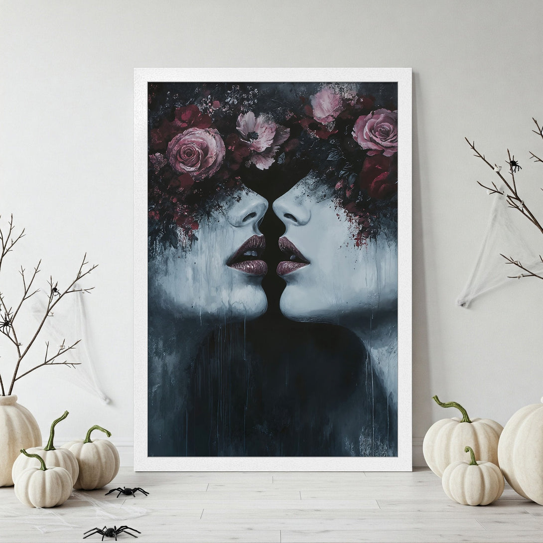 Framed Poster featuring two faces with floral crown, dark & moody style, red and blue color palette. Perfect wall art!