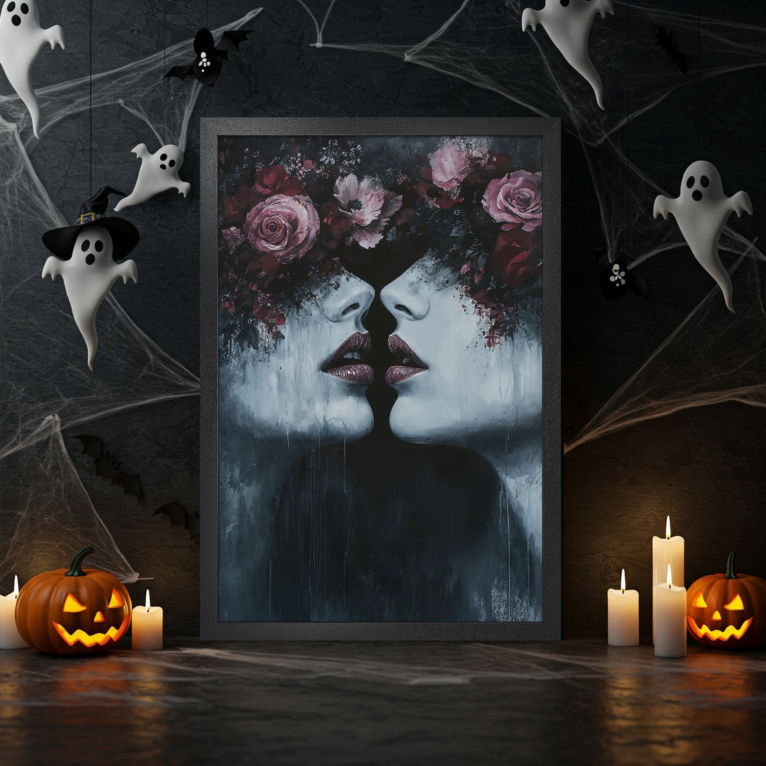Framed Poster featuring a surreal face art with floral elements, dark and moody color palette, perfect Halloween decor.