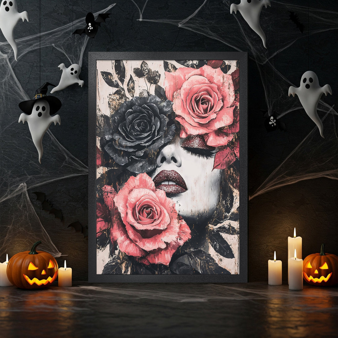 Framed Poster: Woman with roses art print in black frame. Gothic style, pink & black color palette, perfect for Halloween decor.